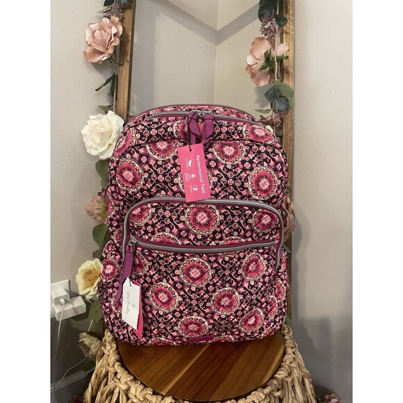 Vera Bradley Raspberry Medallion Iconic backpack Large Tech Laptop NWT - Picture 1 of 10